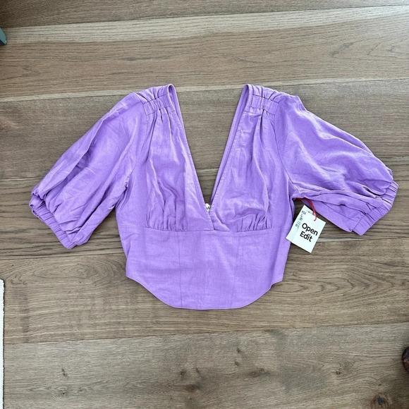 Open Edit V‎ Neck Linen Crop top- small Purple Lavender - Picture 1 of 5